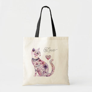 Pink Purple Blush Flowers Heart Love Cat Tote Bag