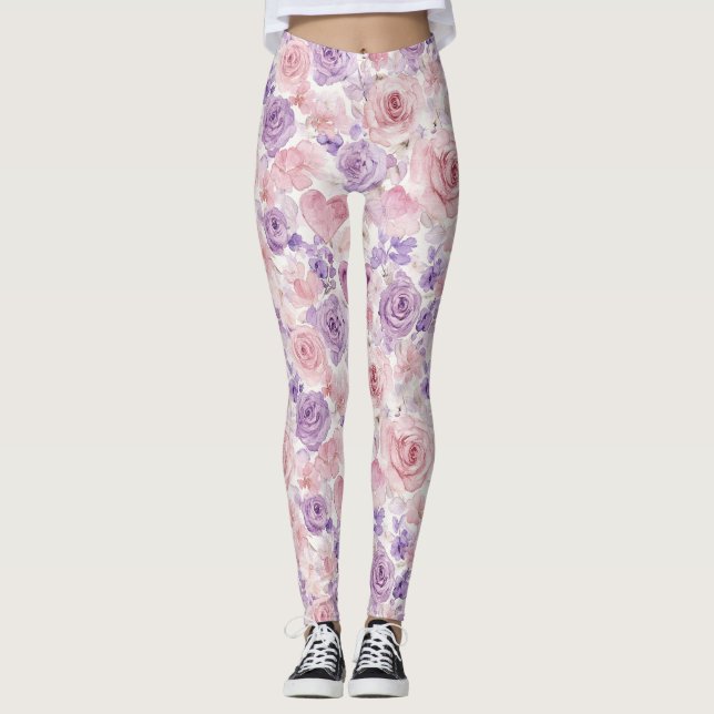Pink Purple Blush Flowers Hearts  Leggings (Front)