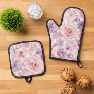 Pink Purple Blush Flowers Hearts Love Air Oven Mitt & Pot Holder Set