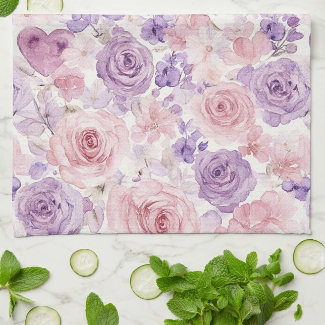 Pink Purple Blush Flowers Hearts   Tea Towel (Folded)