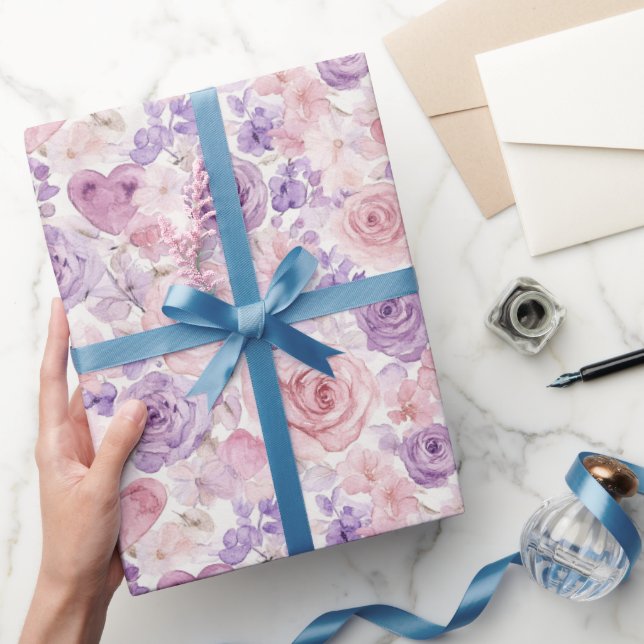 Pink Purple Blush Flowers Hearts Valentine's Day Wrapping Paper (Gifting)