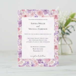 Pink Purple Blush Flowers Hearts Wedding Invitation