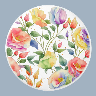 Pink Purple Botanical Floral Roses Ceramic Knob