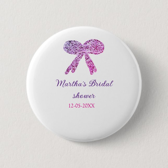 Pink purple bow sparkle glitter bridal shower name 6 cm round badge (Front)