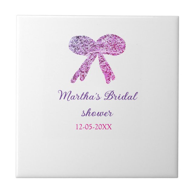 Pink purple bow sparkle glitter bridal shower name ceramic tile (Front)