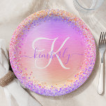 Pink Purple Brushed Metal Glitter Monogram Name Paper Plate<br><div class="desc">Easily personalise this trendy chic paper plate design featuring pretty colourful sparkling glitter on a brushed metallic background.</div>