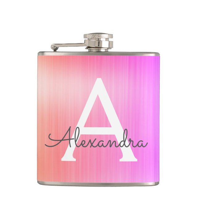 Pink - Purple Brushed Metal Monogram Name Hip Flask (Front)