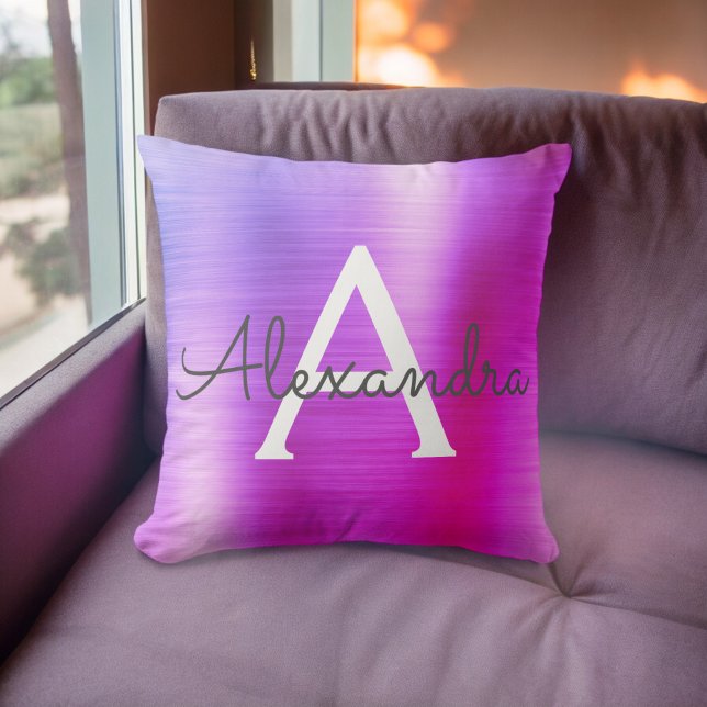 Pink Purple Brushed Metal Monogram Name Initial Cushion (Creator Uploaded)