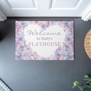 Pink Purple Butterflies custom playhouse welcome Doormat