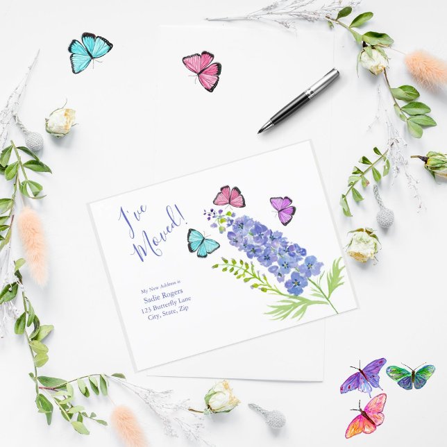 Pink, Purple, Butterflies Delphinium I've Moved Announcement Postcard (Creator Uploaded)