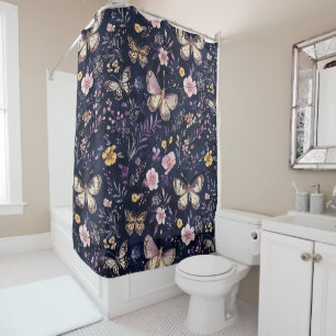 Pink Purple Butterflies Flowers Shower Curtain