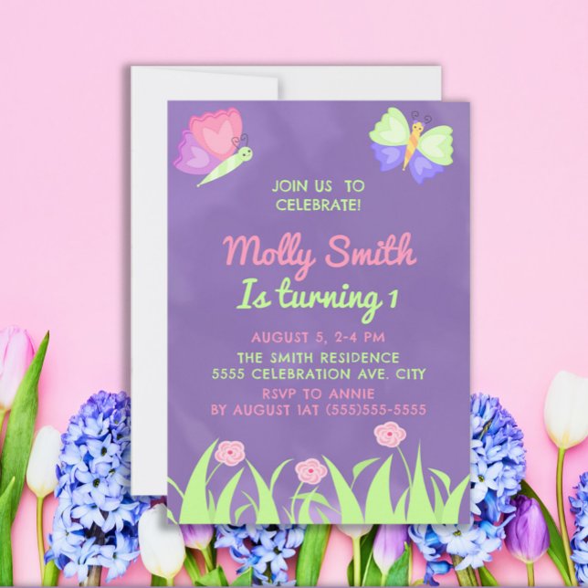 Pink Purple Butterflies Girl 1st Birthday Invitation (Creator Uploaded)