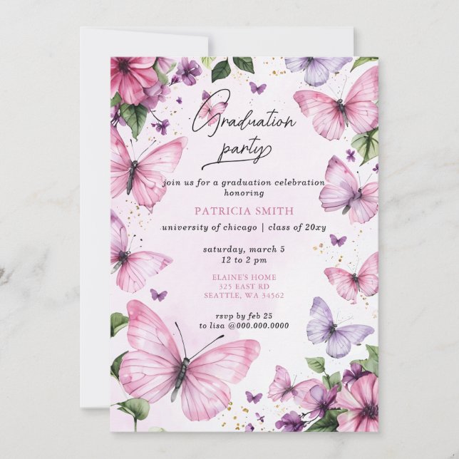Pink Purple Butterflies Graduation Party Invitation (Front)