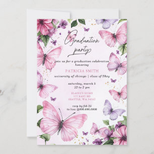 Pink Purple Butterflies Graduation Party Invitation