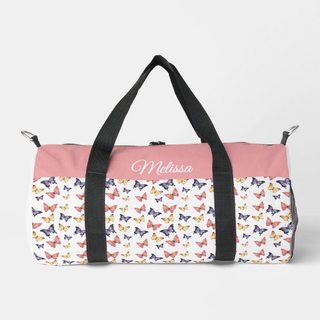 Pink Purple Butterflies Monogram Name Duffel Bag (Front)