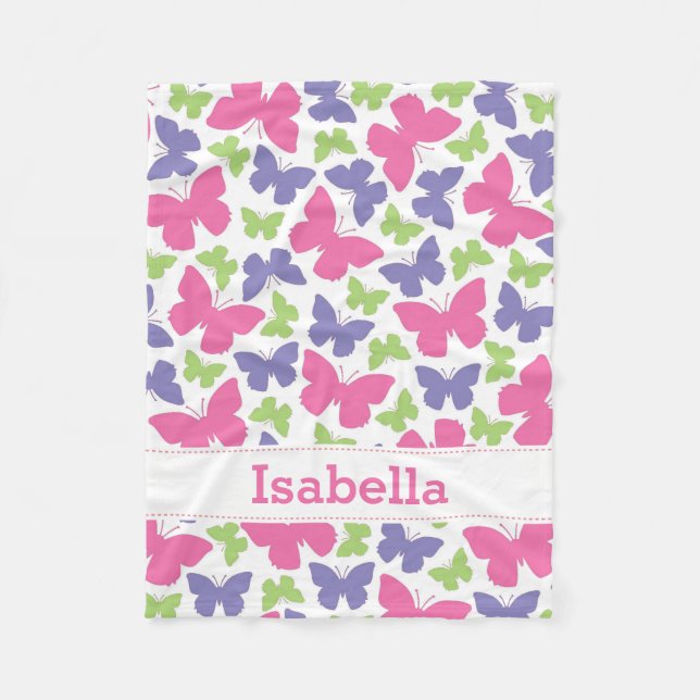 Pink Purple Butterflies Personalised Girl's Fleece Blanket (Front)