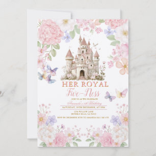 Pink Purple Butterflies Royal five-ness Birthday  Invitation