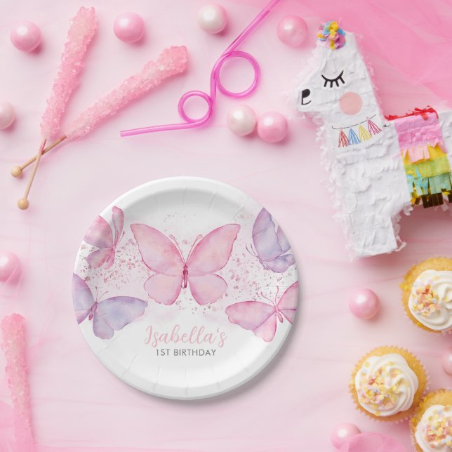 Pink Purple Butterfly 1st Birthday Party Girl Paper Plate (Party)