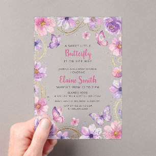 Pink Purple Butterfly Baby Shower  Acrylic Invitations