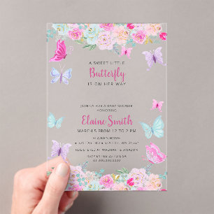 Pink Purple Butterfly Baby Shower Acrylic Invitations