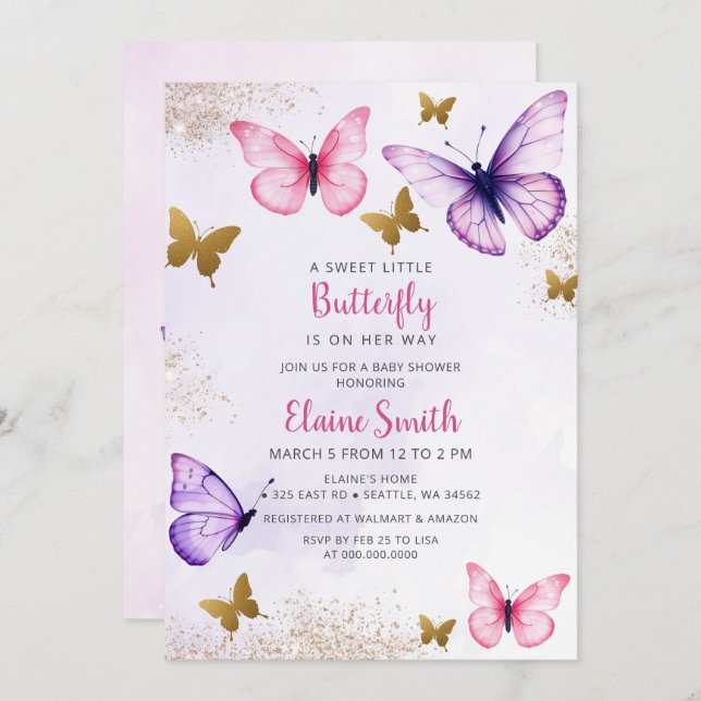 Pink Purple Butterfly Baby Shower  Invitation (Front/Back)