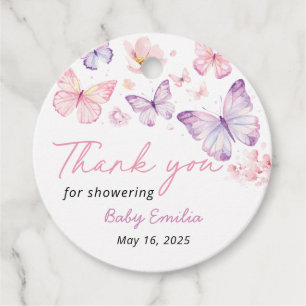 Pink Purple Butterfly Baby Shower Thank You Favour Tags