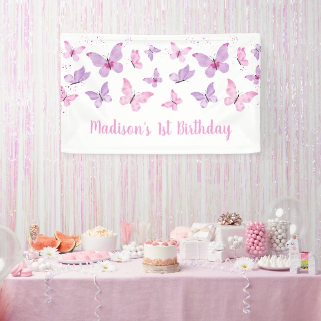 Pink Purple Butterfly Birthday Banner (Party)