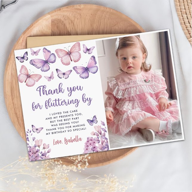 Pink Purple Butterfly Birthday Photo Thank You Card (Creator Uploaded)