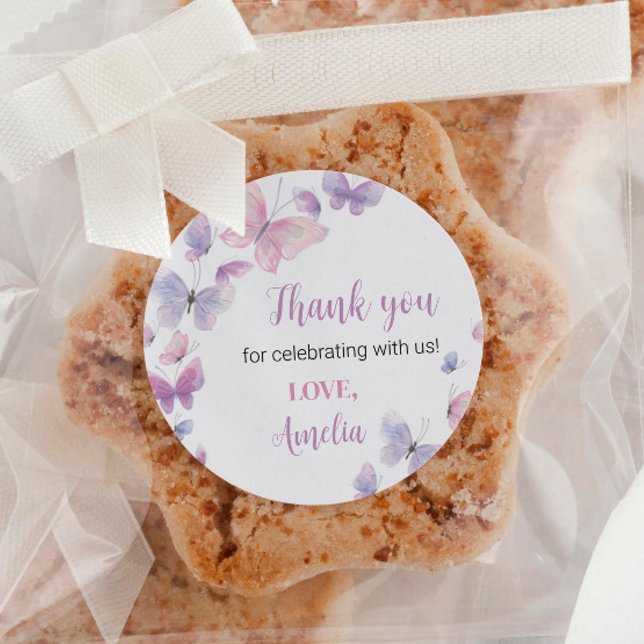 Pink Purple Butterfly Birthday Sticker Labels (Creator Uploaded)