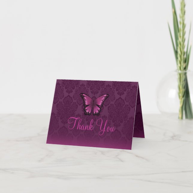 Pink/Purple Butterfly & Damask Thank You card (Front)