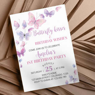 Pink Purple Butterfly First Birthday Invitation