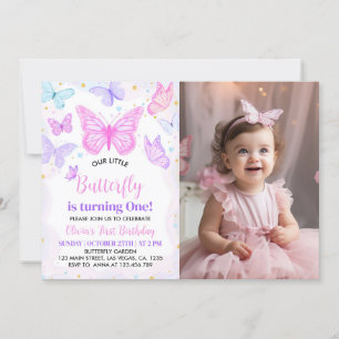 Pink Purple Butterfly First Birthday Invitation
