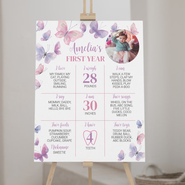 Pink Purple Butterfly First Birthday Milestone Poster (Creator Uploaded)