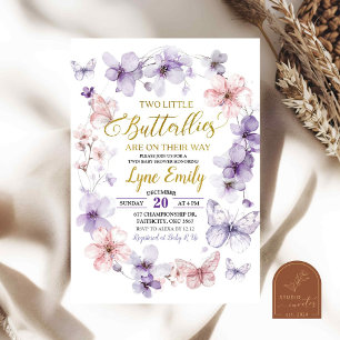 Pink Purple Butterfly Floral Twins Baby Shower Invitation