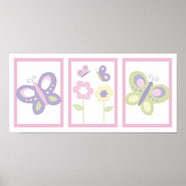Pink Purple Butterfly Flower Nursery Wall Art (Front)