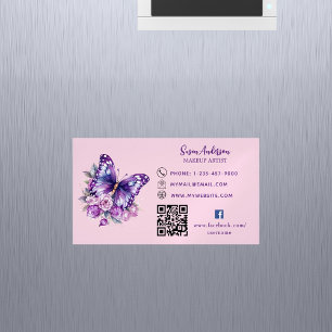Pink purple butterfly flowers QR code Facebook Magnetic Business Card