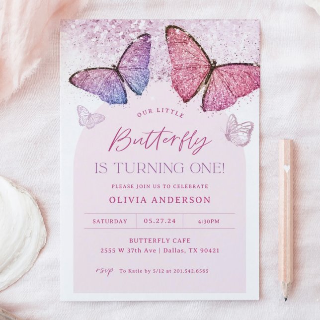 Pink Purple Butterfly Girl 1st Birthday Party Invitation (Creator Uploaded)