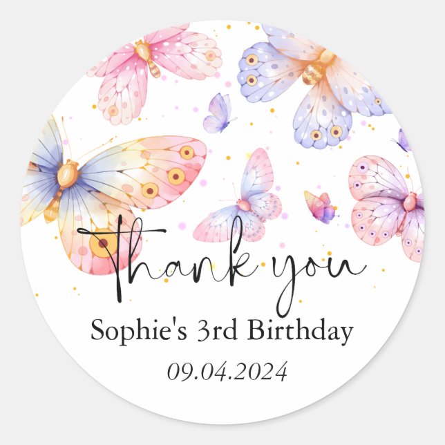 Pink Purple Butterfly Girl All Ages Birthday   Classic Round Sticker (Front)