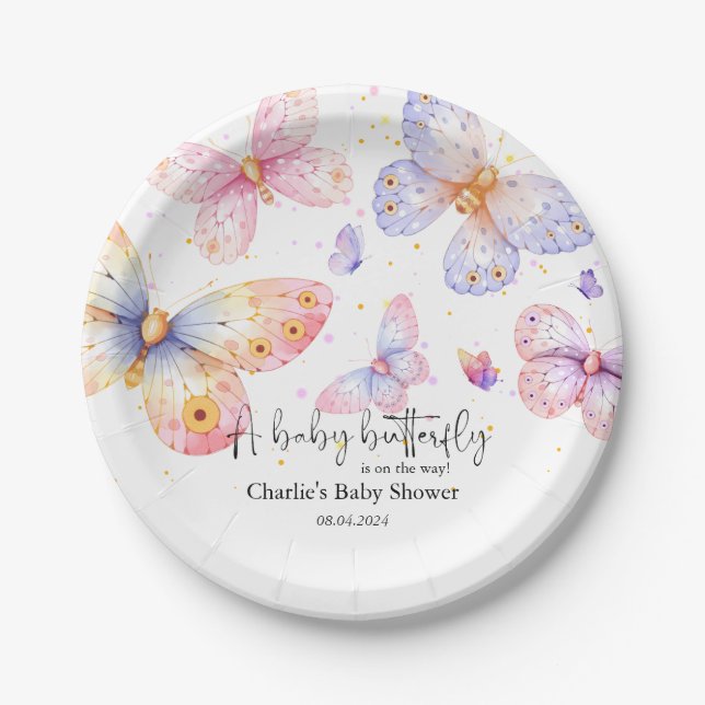 Pink Purple Butterfly Girl Baby Shower  Paper Plate (Front)