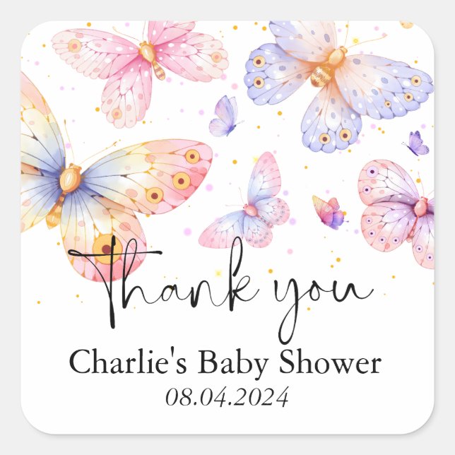 Pink Purple Butterfly Girl Baby Shower  Square Sticker (Front)