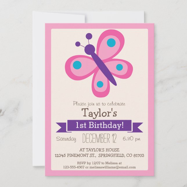 Pink & Purple Butterfly, Girl's Birthday Party Invitation (Front)
