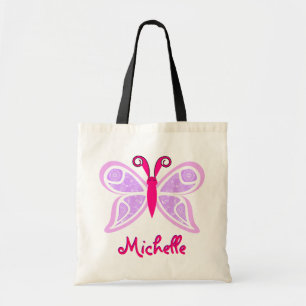 Pink Purple Butterfly Name Tote Bag