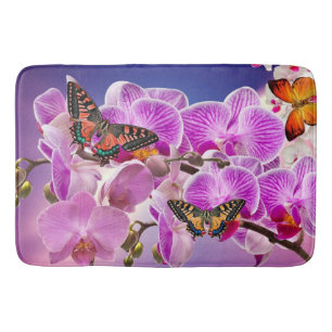 Pink purple butterfly orchid flower watercolor bath mat