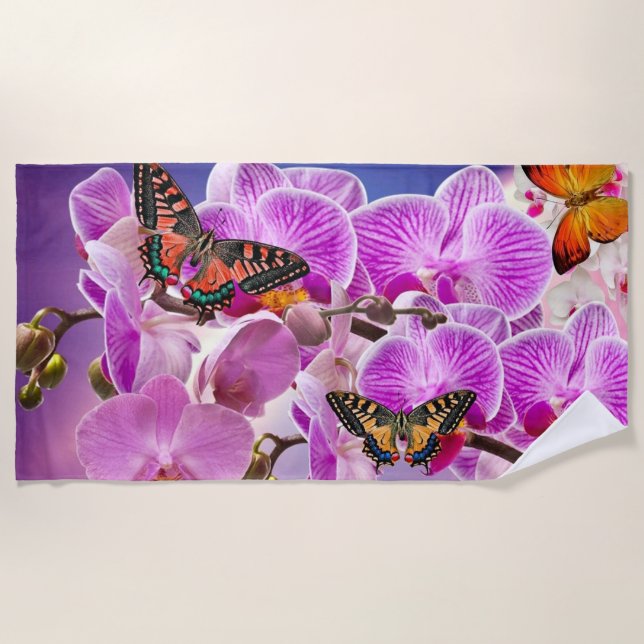 Pink purple butterfly orchid flower watercolor beach towel (Front)