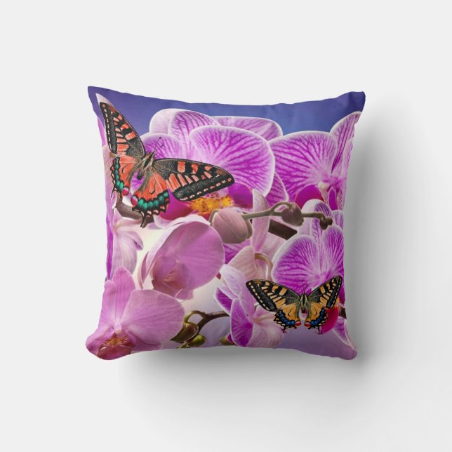 Pink purple butterfly orchid flower watercolor cushion (Front)