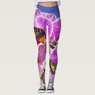 Pink purple butterfly orchid flower watercolor leggings