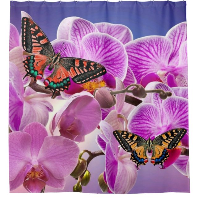 Pink purple butterfly orchid flower watercolor shower curtain (Front)