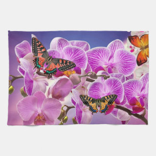 Pink purple butterfly orchid flower watercolor tea towel