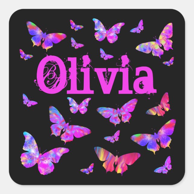 Pink & Purple Butterfly Pop Art Olivia Add Name Square Sticker (Front)