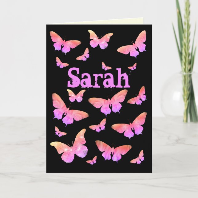 Pink & Purple Butterfly Pop Art Sarah Name Holiday Card (Front)